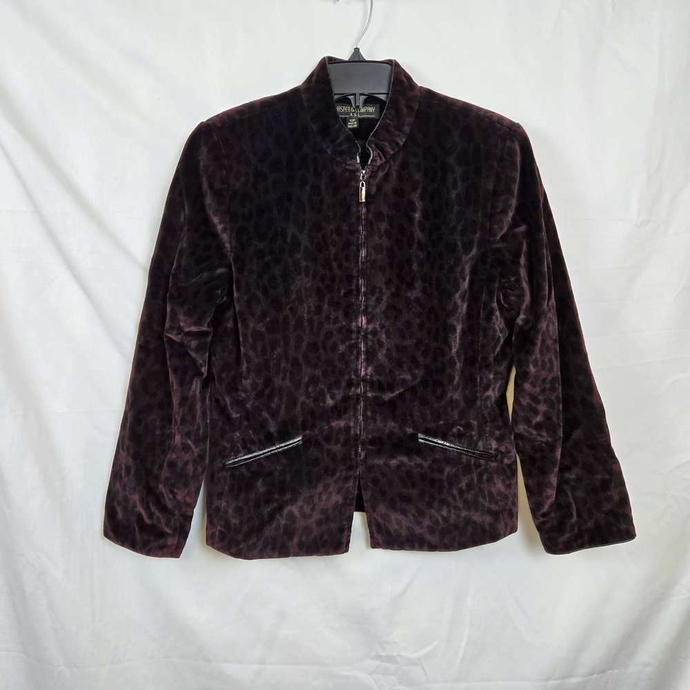 Kasper ASL Burgundy Velour Leopard Print Faux Leatherā Trim Career Jacket 10P